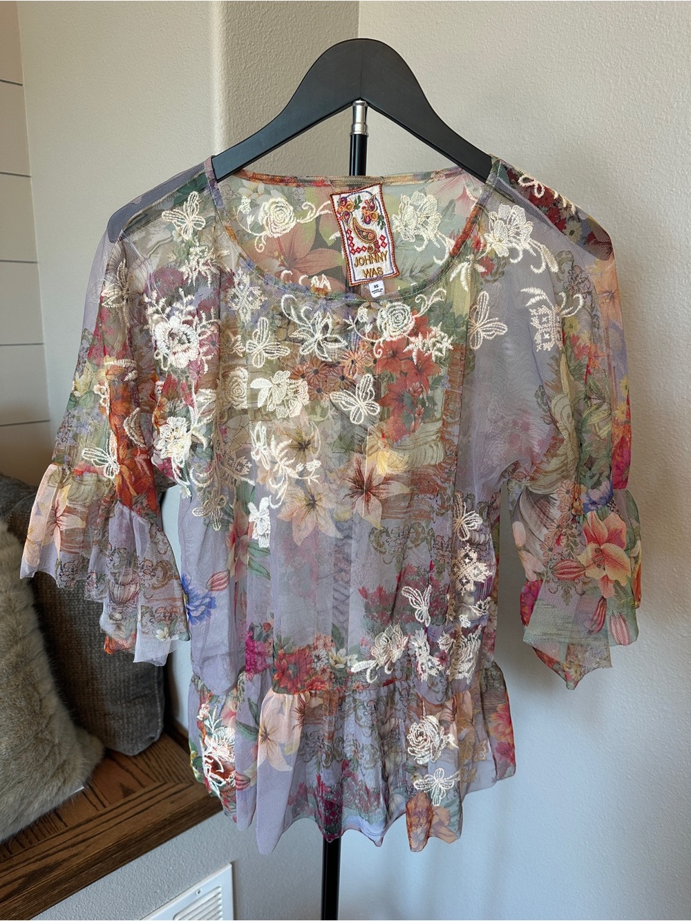 Johnny Was Mae Asteria Floral Embroidered Mesh Top XS NWT